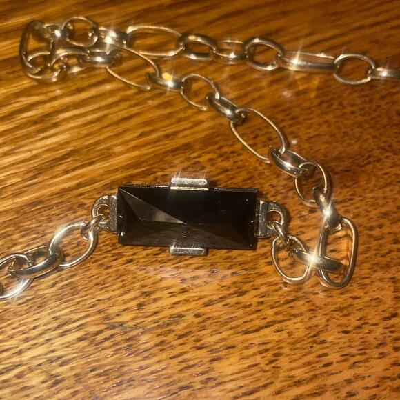 Chico's Gold Tone Layering Chain Necklace with Rectangle Red Black Gem Station - Picture 4 of 6